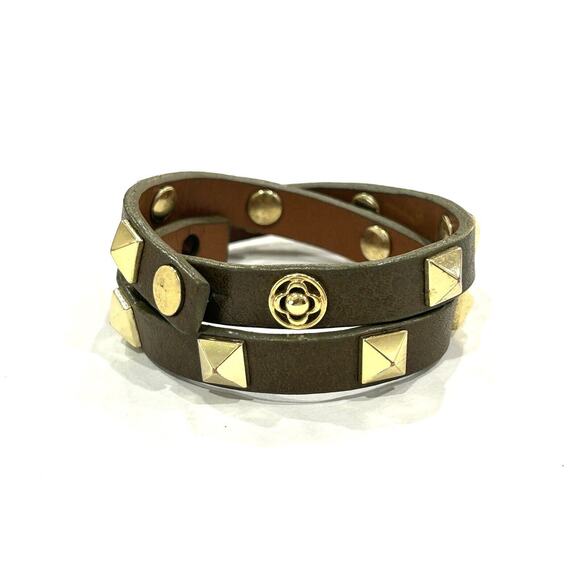 Stella & Dot Leather Wrap Bracelet Olive Brown Gold Studded Wrist Size 7” - Picture 1 of 2